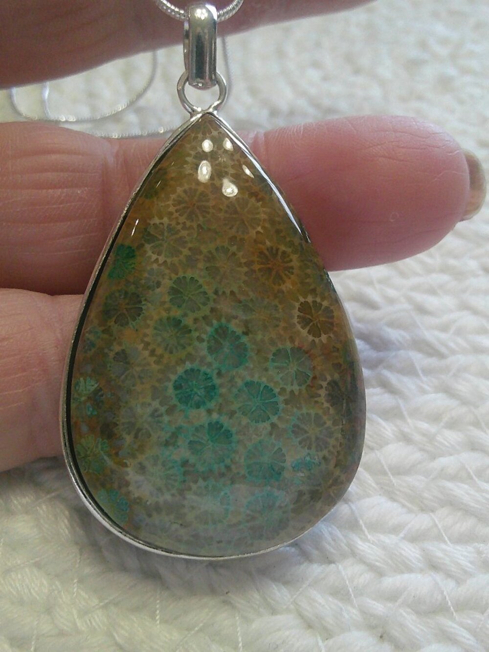 Gorgeous BLUE FOSSIL CORAL Handmade Sterling 925 Pendant/Chain #369F